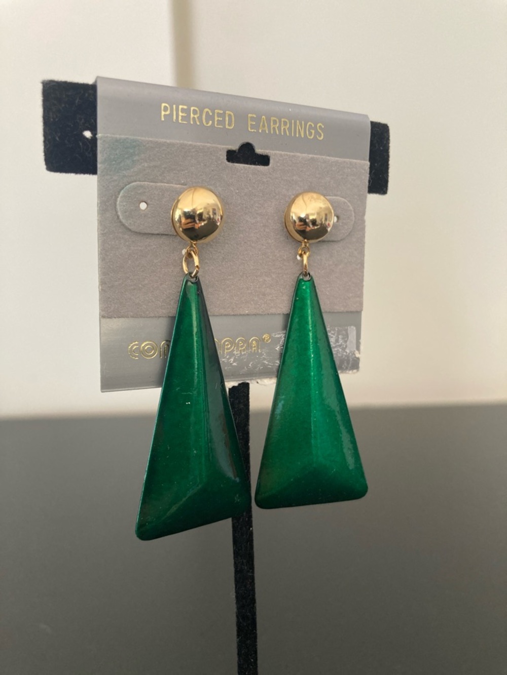Green Geometric Drop Earrings with Gold Posts